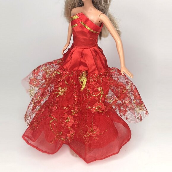 Vintage Barbie Doll Evening Ball Gown Red Gold Lace Dress Classic - Picture 1 of 9